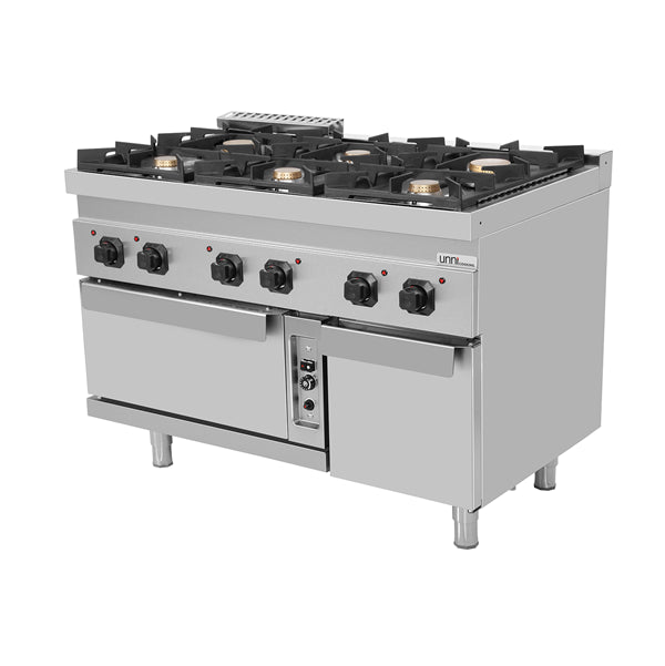 Gasherd mit 6 Kochfelder und Gasbackofen - 1200x700x850/900 mm - 50,5 kW