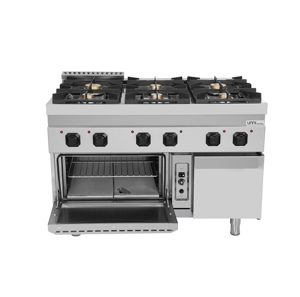 Gasherd mit 6 Kochfelder und Gasbackofen - 1200x700x850/900 mm - 50,5 kW