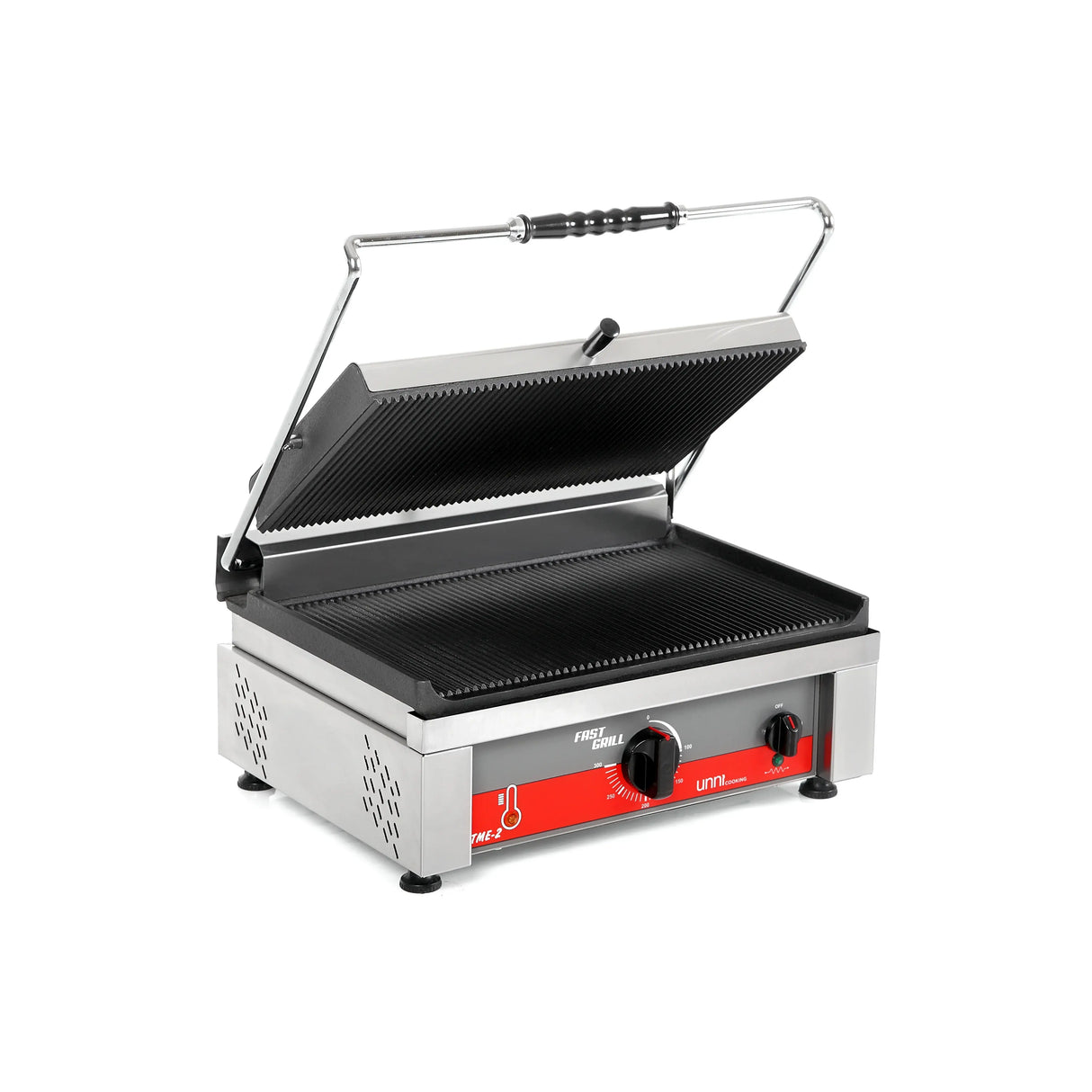 Elektrischer Kontaktgrill aus Edelstahl für Gastronomie, gerippte Grillplatten, Gastro-Bedarf24