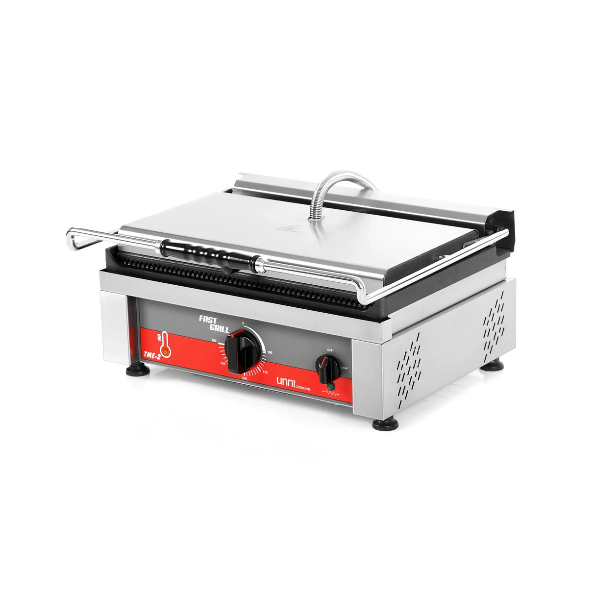 Edelstahl Kontaktgrill für Gastronomie, robuste Bauweise, geeignet für Profiküchen