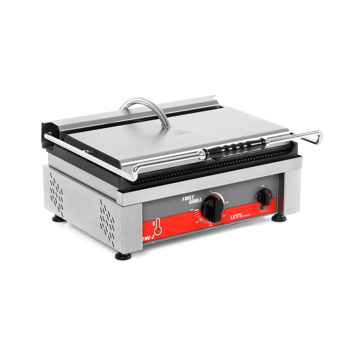 Profi Kontaktgrill aus Edelstahl für Gastronomie, mit roten Bedienelementen, auf weißem Hintergrund