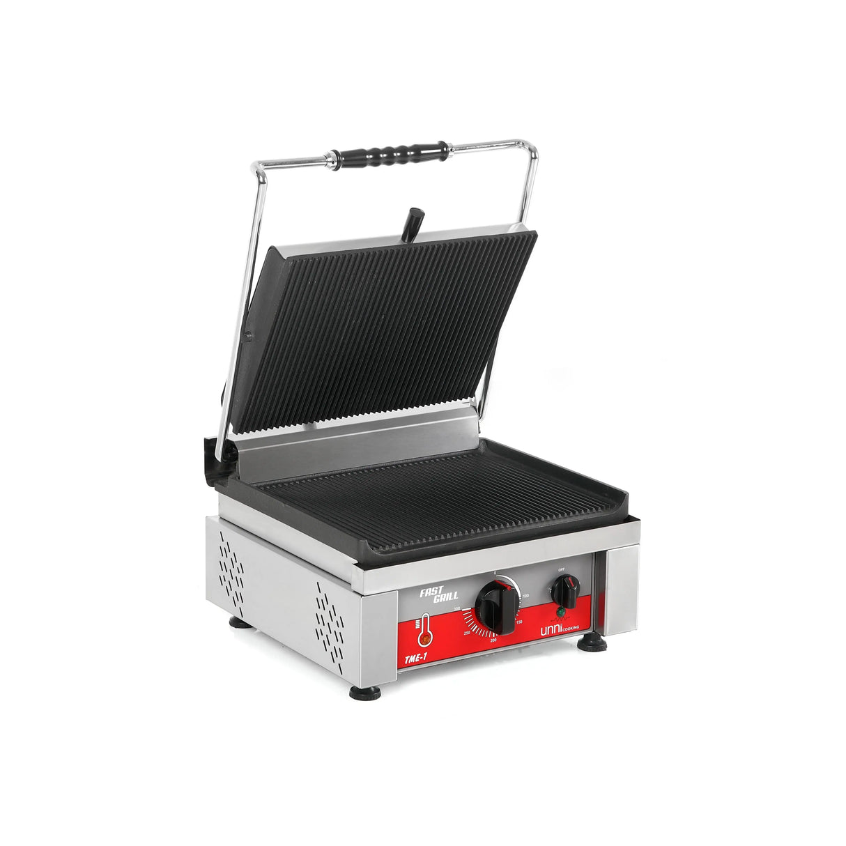 Elektrischer Kontaktgrill aus Edelstahl für Gastronomie, offen, mit gerillten Grillplatten