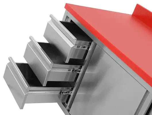 Stainless Steel Work Cabinet - 1400x700x850mm - with Sliding Door and 3 Drawers Right - including Red Cutting Board