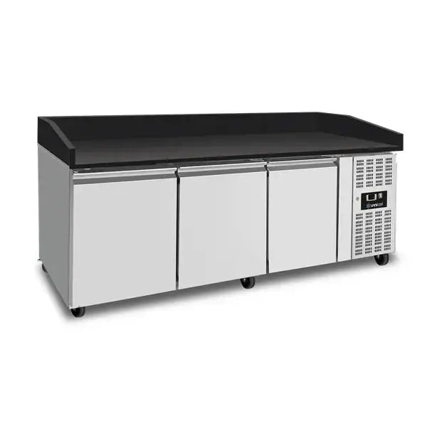 Pizza counter with wheels and 3 doors – black granite – 202 x 80 x 100 cm