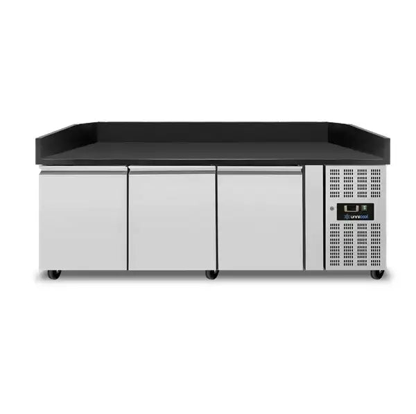 Pizza counter with wheels and 3 doors – black granite – 202 x 80 x 100 cm