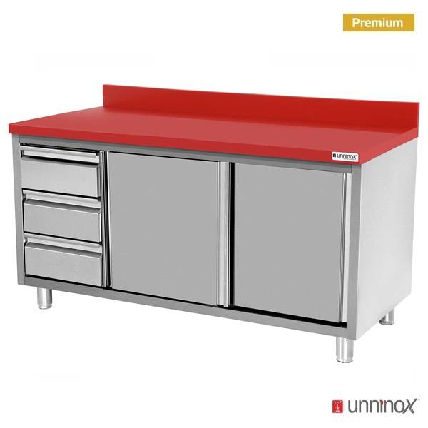 Edelstahl Arbeitsschrank - 1400x700x850mm - mit Schiebetür und 3 Schubladen links - inkl. Schneidplatte Rot