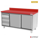 Edelstahl Arbeitsschrank - 1600x700x850mm - mit Schiebetür und 3 Schubladen links - inkl. Schneidplatte Rot