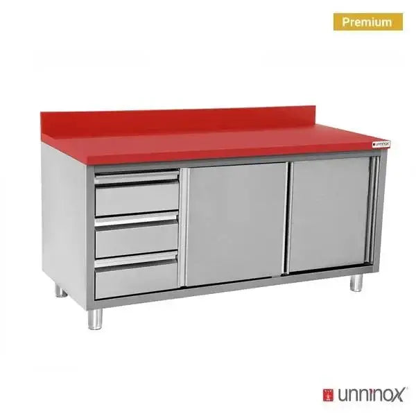Edelstahl Arbeitsschrank - 1600x700x850mm - mit Schiebetür und 3 Schubladen links - inkl. Schneidplatte Rot
