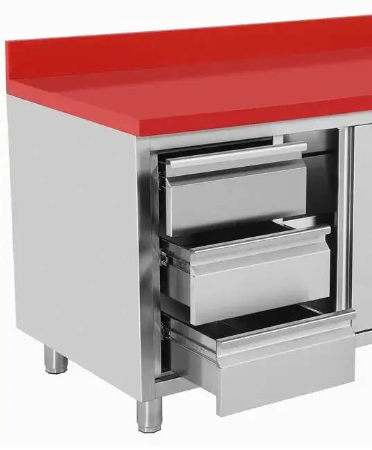 Edelstahl Arbeitsschrank - 1600x700x850mm - mit Schiebetür und 3 Schubladen links - inkl. Schneidplatte Rot
