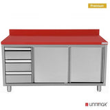 Edelstahl Arbeitsschrank - 1400x700x850mm - mit Schiebetür und 3 Schubladen links - inkl. Schneidplatte Rot
