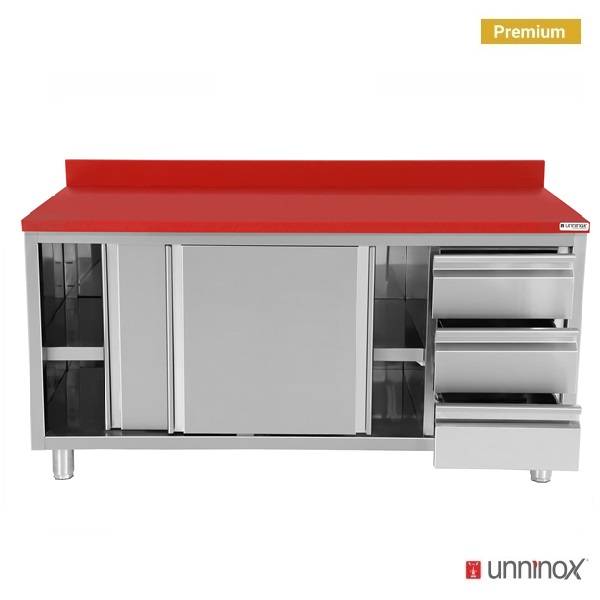 Edelstahl Arbeitsschrank - 1600x700x850mm - mit Schiebetür und 3 Schubladen rechts - inkl. Schneidplatte Rot
