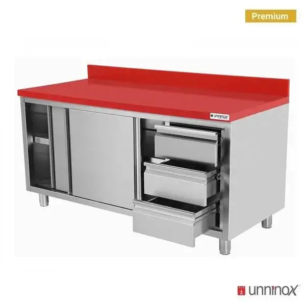 Stainless Steel Work Cabinet - 1400x700x850mm - with Sliding Door and 3 Drawers Right - including Red Cutting Board