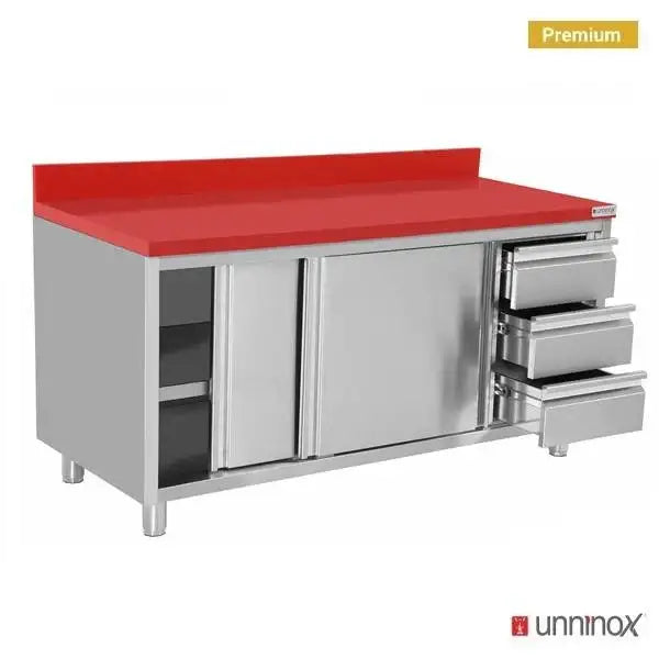Stainless Steel Work Cabinet - 1400x700x850mm - with Sliding Door and 3 Drawers Right - including Red Cutting Board