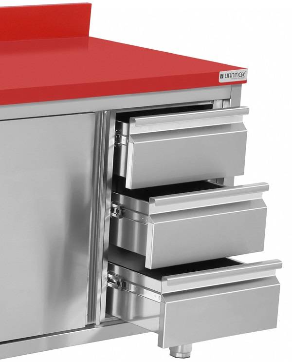 Edelstahl Arbeitsschrank - 1600x700x850mm - mit Schiebetür und 3 Schubladen rechts - inkl. Schneidplatte Rot