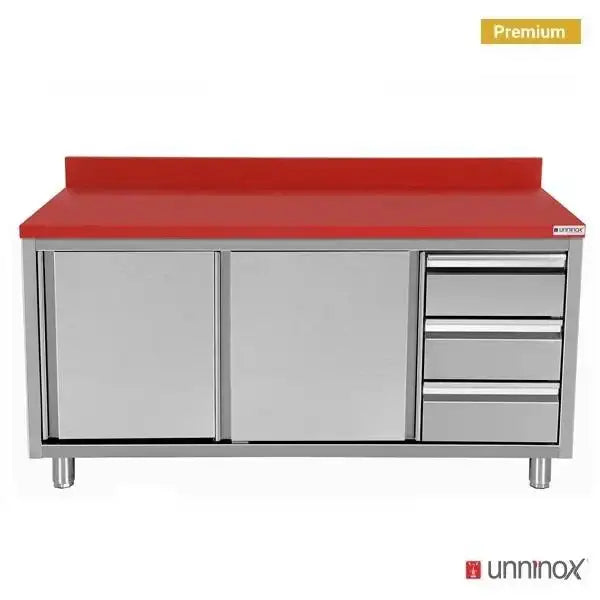 Stainless Steel Work Cabinet - 1400x700x850mm - with Sliding Door and 3 Drawers Right - including Red Cutting Board