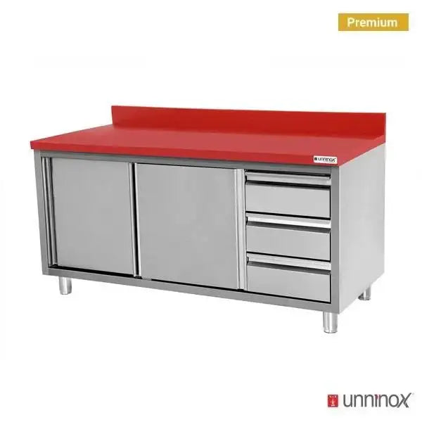 Stainless Steel Work Cabinet - 1400x700x850mm - with Sliding Door and 3 Drawers Right - including Red Cutting Board