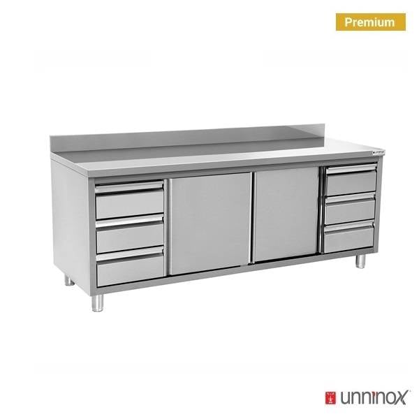 Arbeitsschrank mit Aufkantung und 3+3 Schubladen - 2400x700x850/900 mm