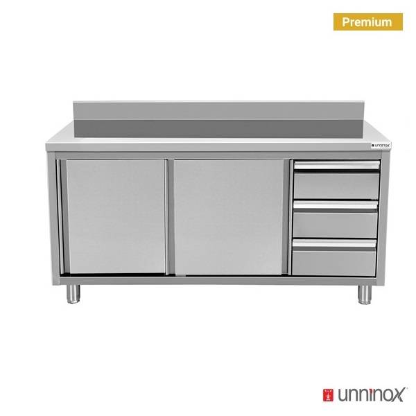 Arka sıçrama saclı, sağda 3 çekmeceli çalışma dolapları - 1400x600x850/900 mm