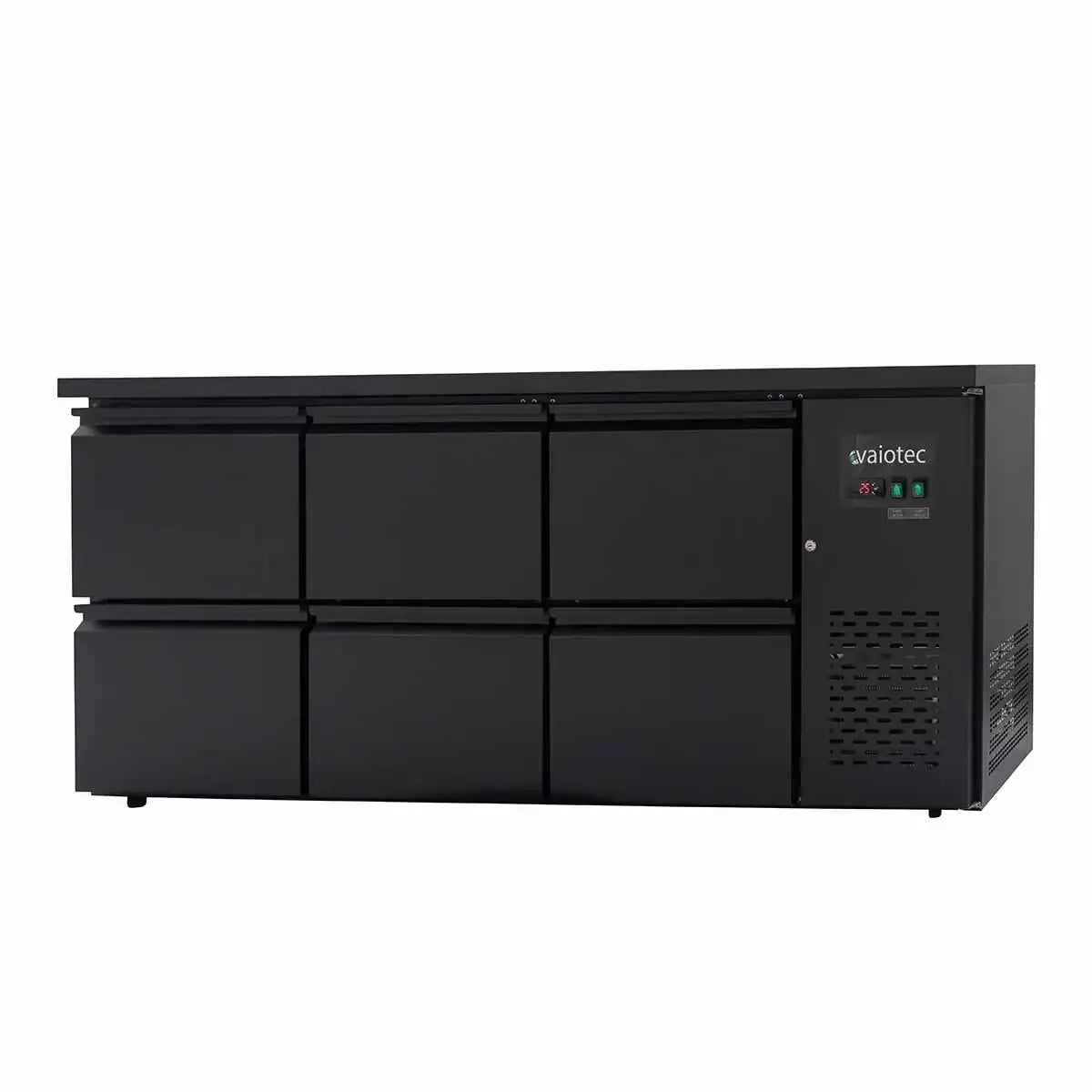 Schwarzer Gastronomie-Kühlschrank mit sechs Türen und Vaiotec-Logo, ideal für professionelle Küchen