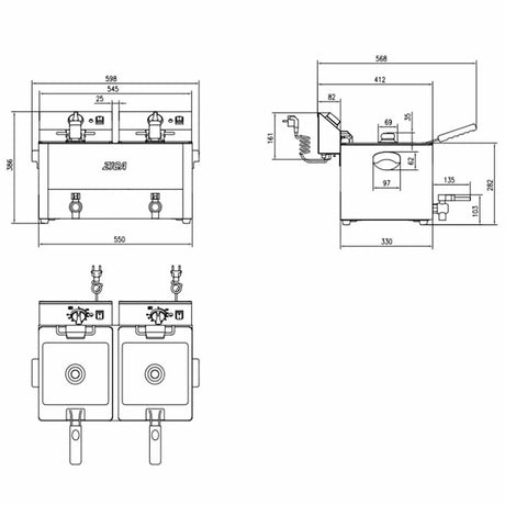 EASYLINE Elektro Fritteuse 2 Becken mit Ablasshahn 8 + 8 Liter - Gastro-Bedarf24 GmbH