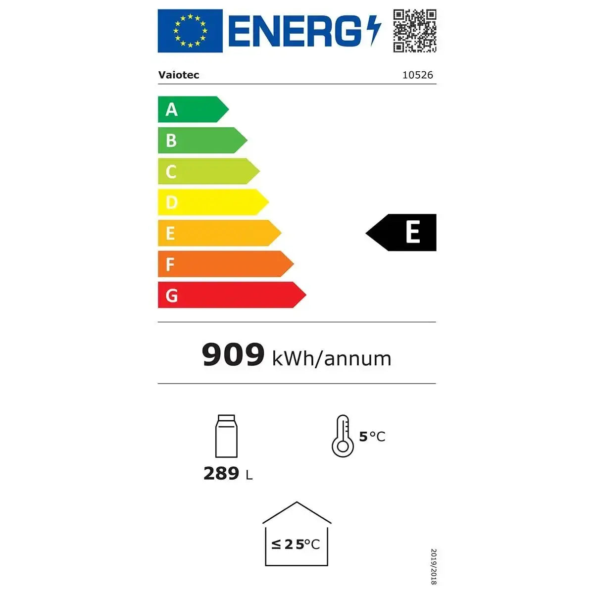 Energieeffizienzklasse E, 909 kWh/Jahr, 289 L Kühlvolumen, 5°C Gefriertemperatur – Vaiotec