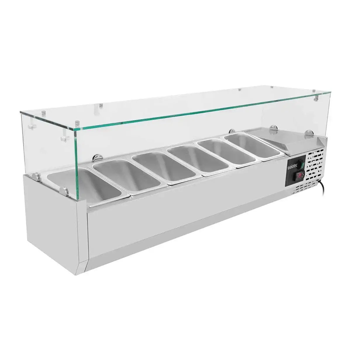 Edelstahl-Warmhaltebank mit Glasabdeckung und mehreren Fächern für Gastronomie