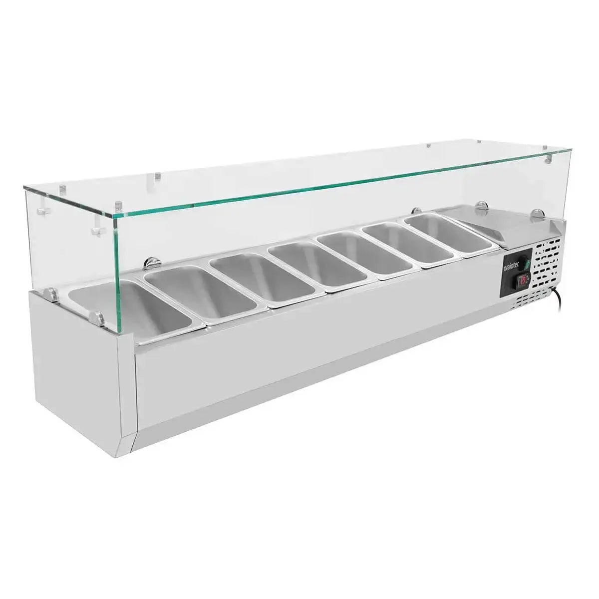 Edelstahl-Warmhaltebank mit Glasabdeckung und sechs Fächern für Gastronomie