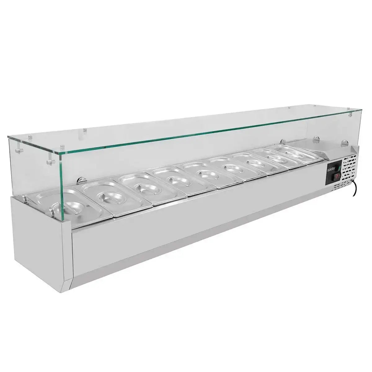 Edelstahl-Buffetwärmer mit Glasabdeckung und mehreren Behältern für Gastronomie