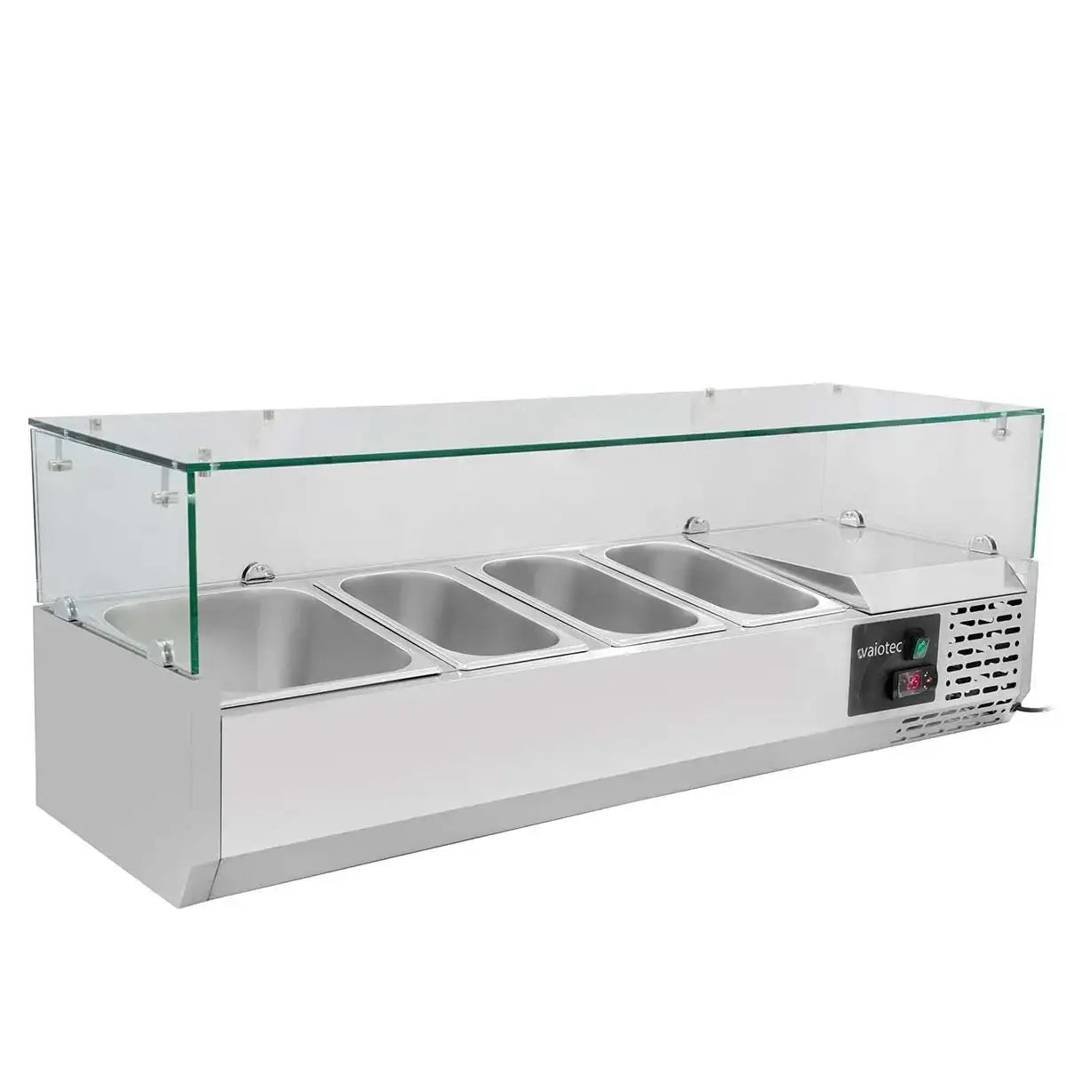Edelstahl-Warmhaltebuffet mit Glasabdeckung und vier GN-Schalen für Gastronomie