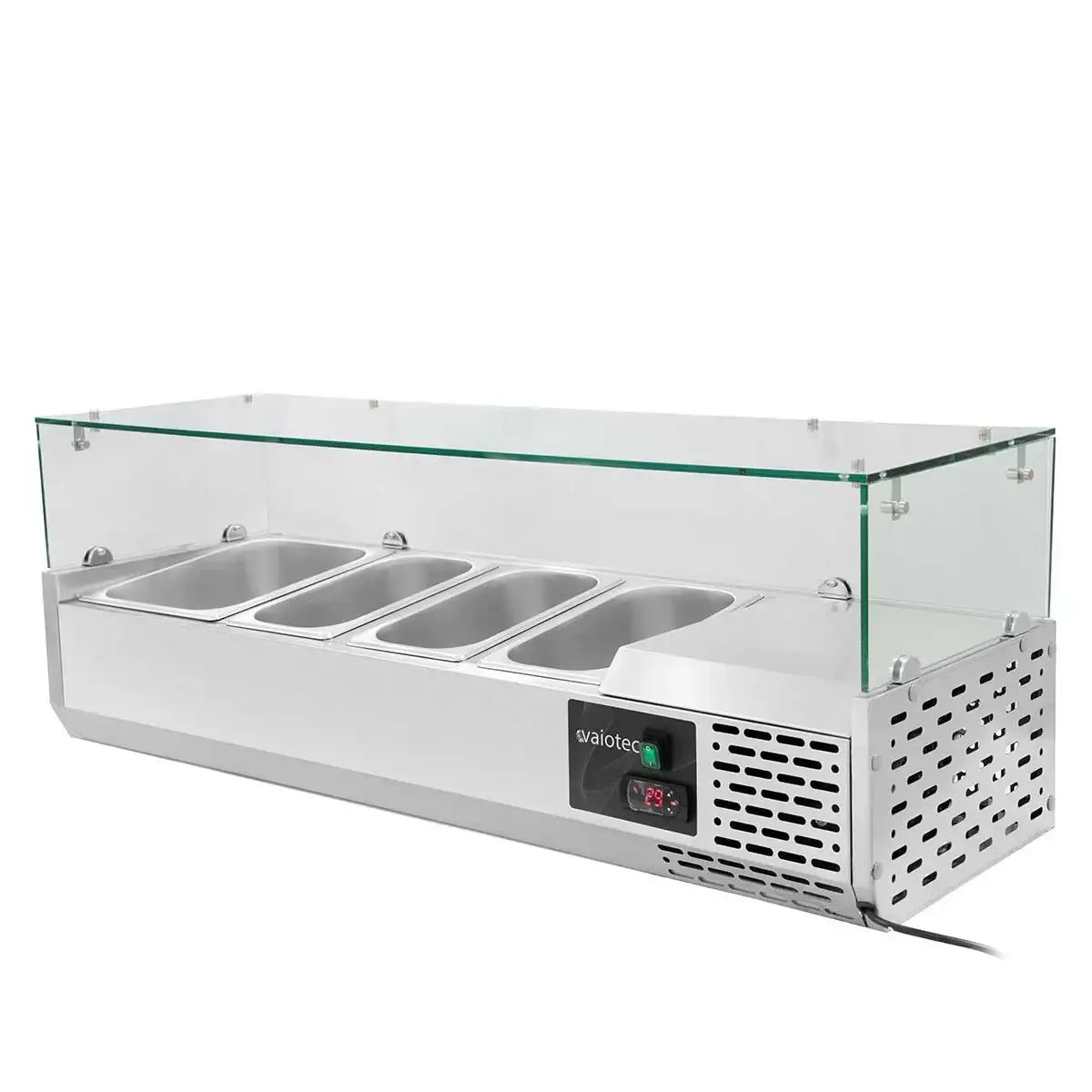 Edelstahl-Warmhaltebuffet mit 4 GN-Fächern, Glasabdeckung und digitaler Temperaturanzeige für Gastronomie