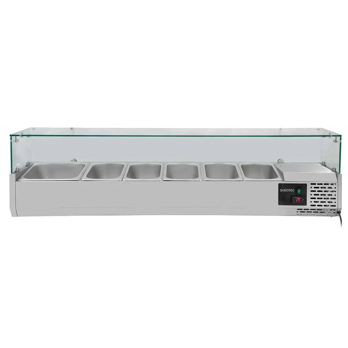 Edelstahl-Warmhaltebuffet mit 6 GN-1/3-Fächern und Glasabdeckung, ideal für Gastronomie und Profi-Küchen