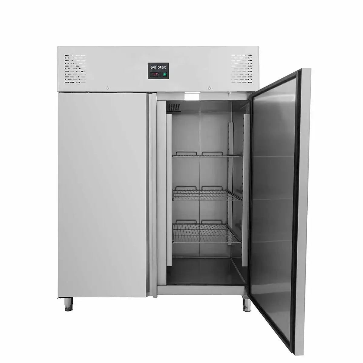 Edelstahl-Kühlschrank mit offener Tür, ideal für Gastronomie und professionelle Küchen