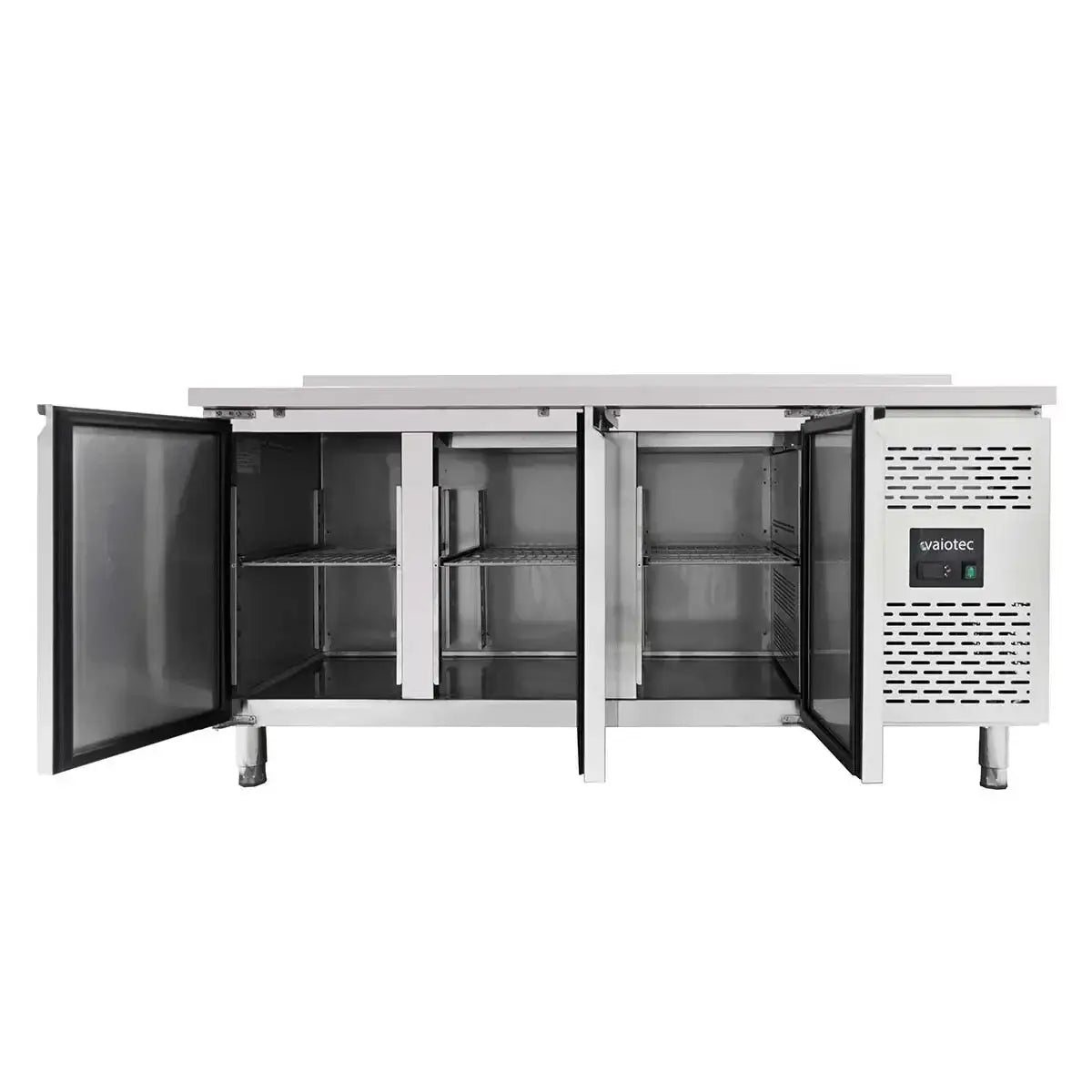 Edelstahl-Kühltisch mit geöffneten Türen, ideal für Gastronomie und professionelle Küchen