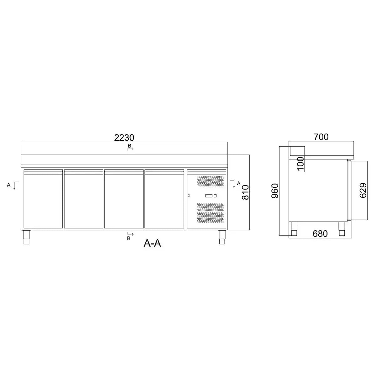 Technische Zeichnung Gastronomie-Kühltisch mit Maßen 2230x810 mm, Edelstahl, 4 Türen, Profi-Ausführung