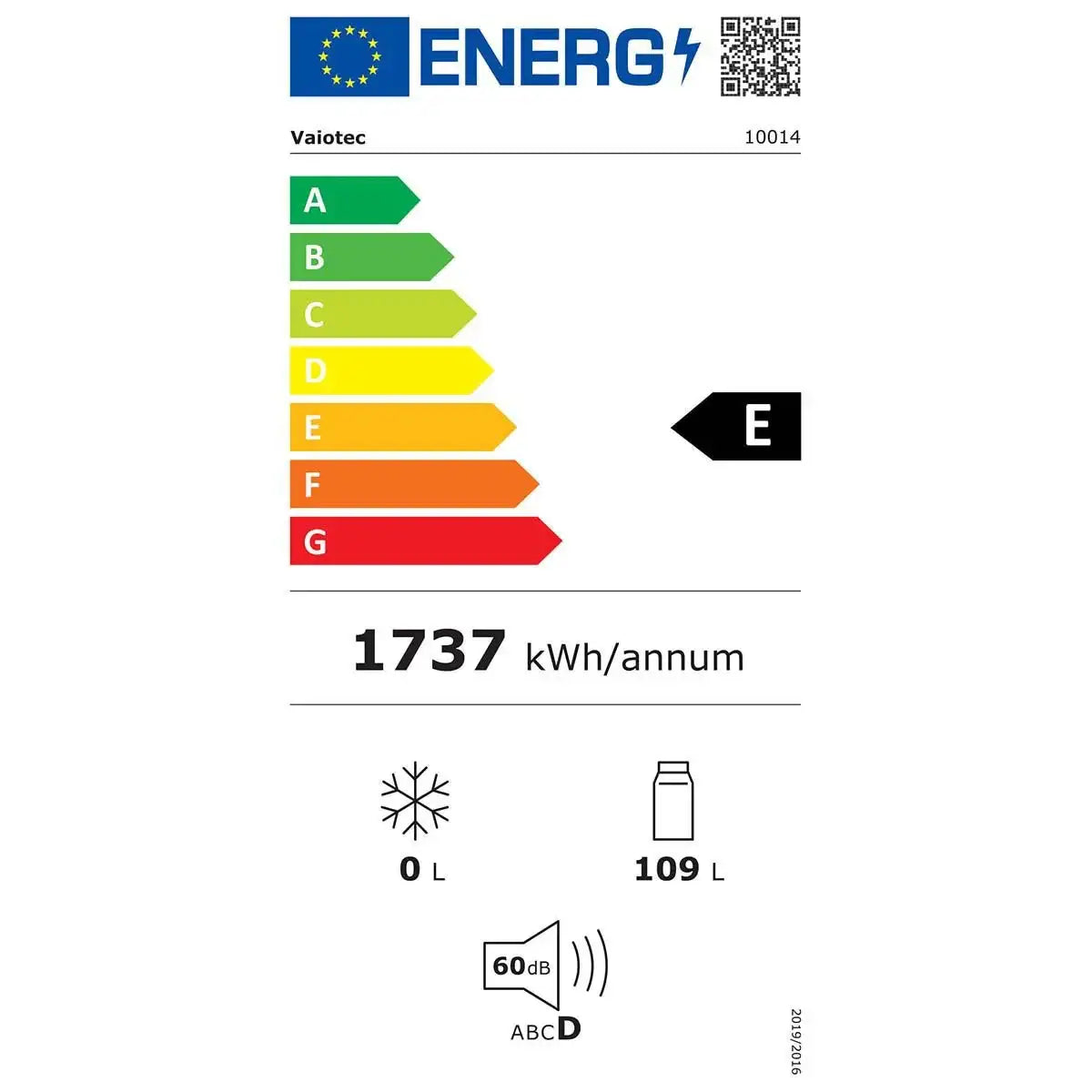 Energieeffizienzklasse E, 1737 kWh/Jahr, 109 L Kapazität, 60 dB Geräuschpegel