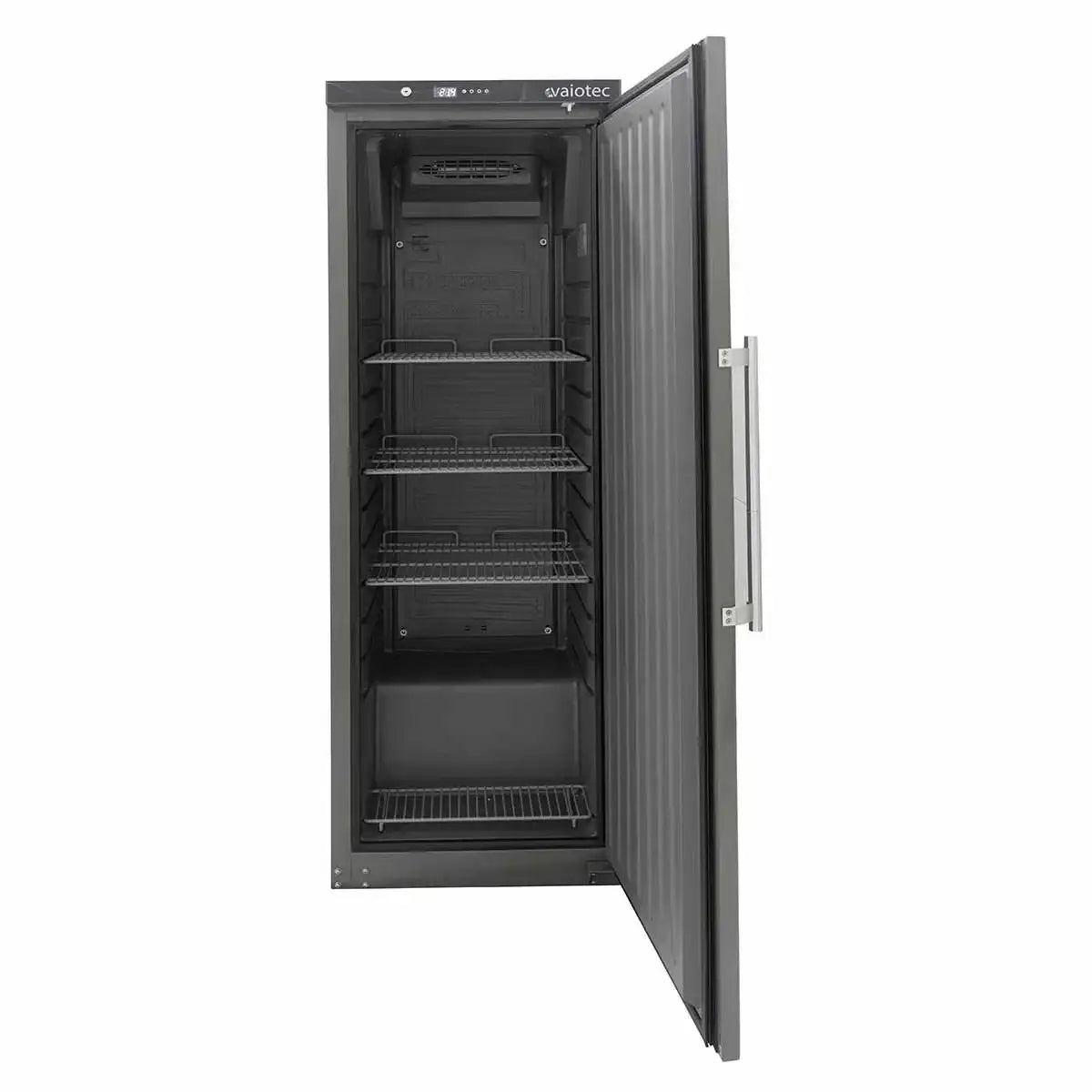 Professioneller Gastronomie-Kühlschrank mit Edelstahlregalen und digitaler Anzeige