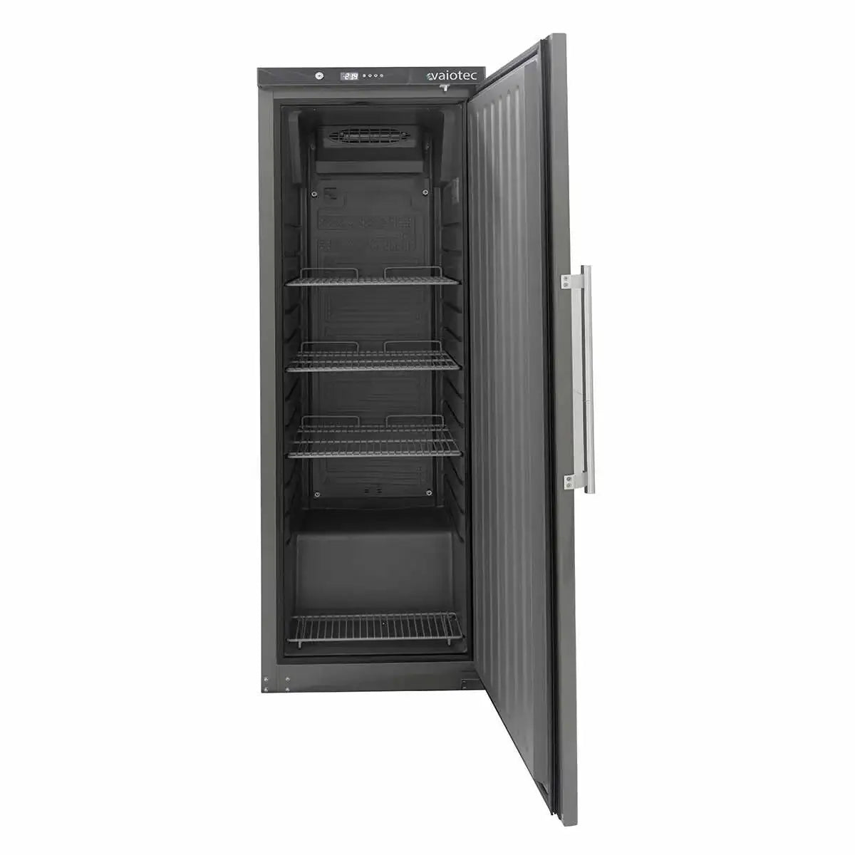 Professioneller Gastronomie-Kühlschrank mit Edelstahlregalen und digitaler Temperaturanzeige