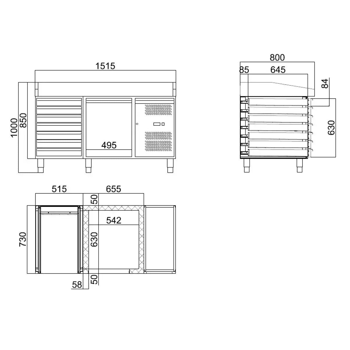 EASYLINE Pizzakühltisch 800 / 1-türig & 7 Schubladen "grau" inkl. Kühlaufsatz GN1/4