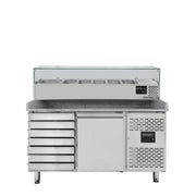 EASYLINE Pizzakühltisch 800 / 1-türig & 7 Schubladen "grau" inkl. Kühlaufsatz GN1/3 - Gastro-Bedarf24 GmbH