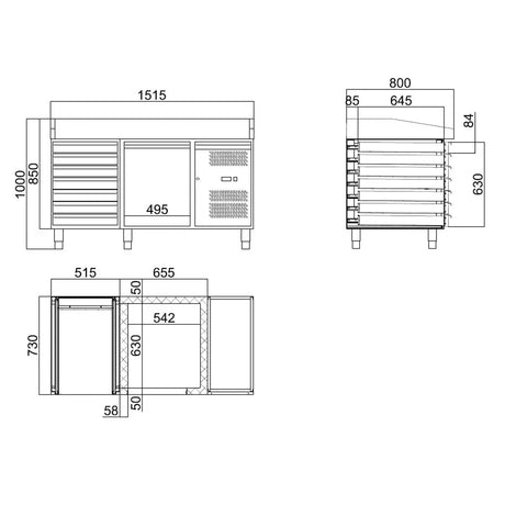 EASYLINE Pizzakühltisch 800 / 1-türig & 7 Schubladen "grau" inkl. Kühlaufsatz GN1/3 - Gastro-Bedarf24 GmbH