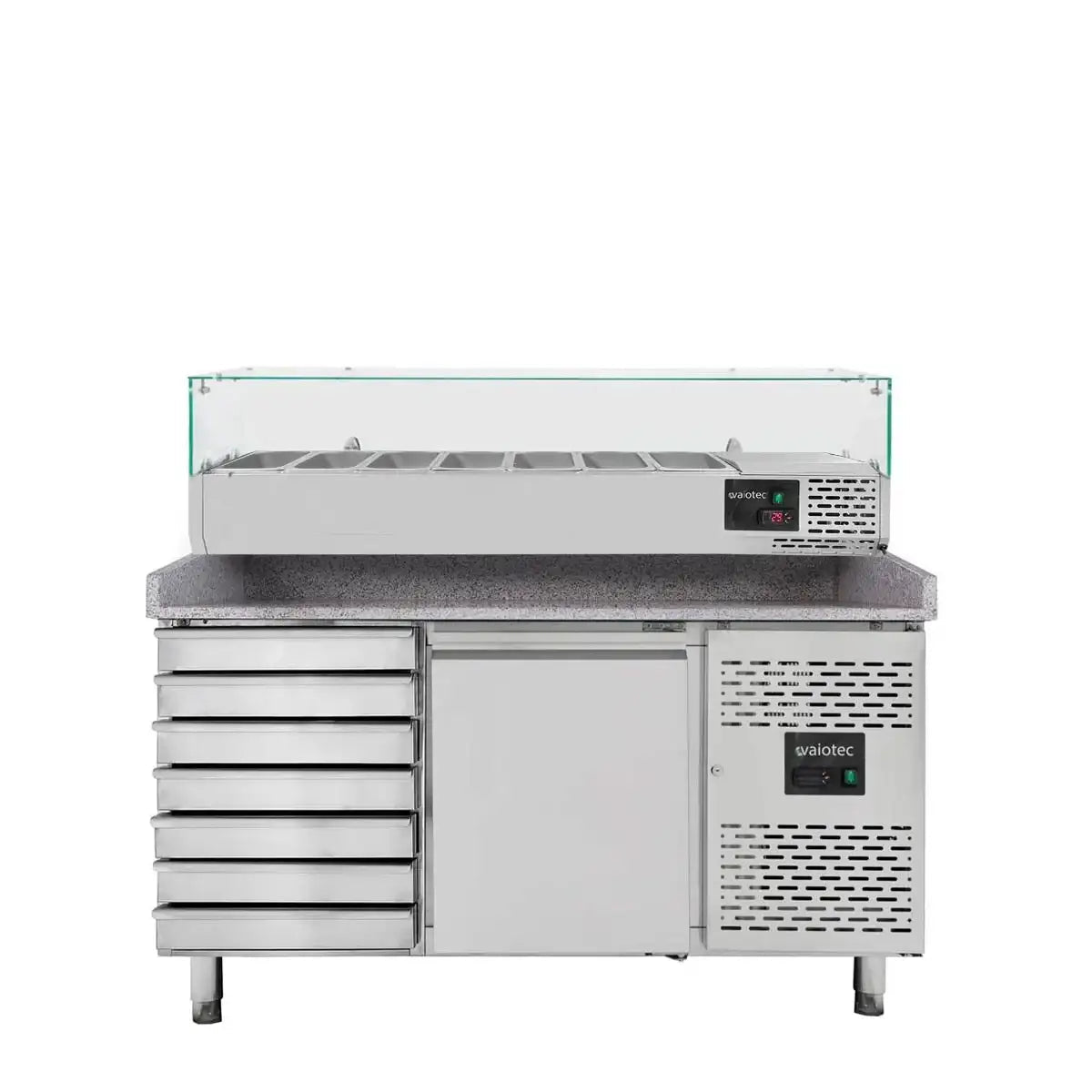 EASYLINE Pizzakühltisch 800 / 1-türig & 7 Schubladen "grau" inkl. Kühlaufsatz GN1/4 - Gastro-Bedarf24 GmbH