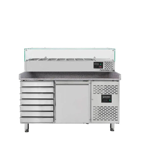 EASYLINE Pizzakühltisch 800 / 1-türig & 7 Schubladen "grau" inkl. Kühlaufsatz GN1/4 - Gastro-Bedarf24 GmbH