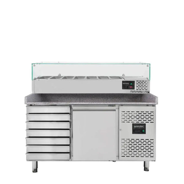 EASYLINE Pizzakühltisch 800 / 1-türig & 7 Schubladen "grau" inkl. Kühlaufsatz GN1/4 - Gastro-Bedarf24 GmbH