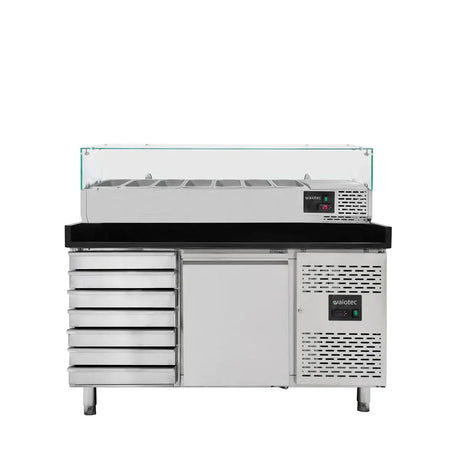 EASYLINE Pizzakühltisch 800 / 1-türig & 7 Schubladen "schwarz" inkl. Kühlaufsatz GN1/3 - Gastro-Bedarf24 GmbH