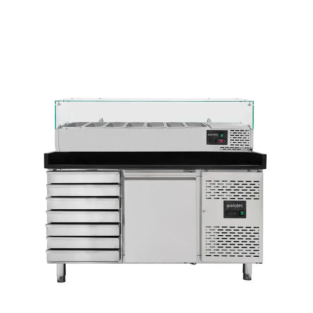 EASYLINE Pizzakühltisch 800 / 1-türig & 7 Schubladen "schwarz" inkl. Kühlaufsatz GN1/3 - Gastro-Bedarf24 GmbH