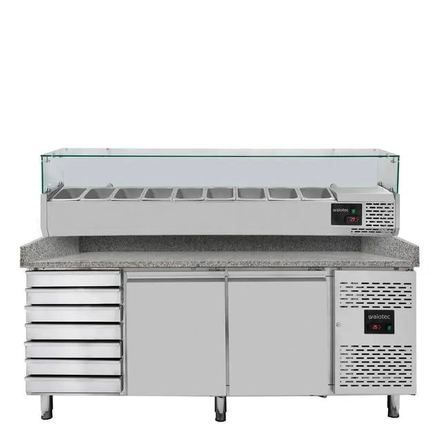 EASYLINE Pizzakühltisch 800 / 2-türig & 7 Schubladen "grau" inkl. Kühlaufsatz GN1/3 - Gastro-Bedarf24 GmbH