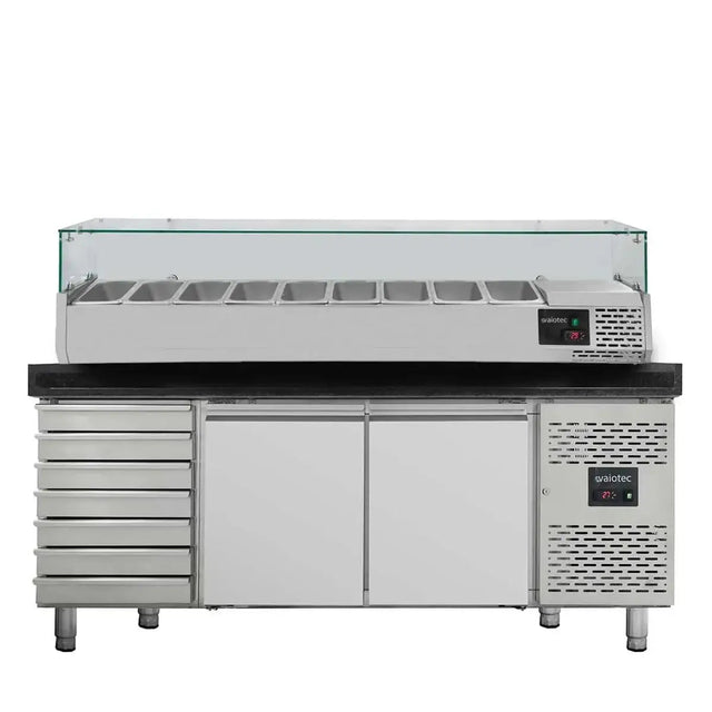 EASYLINE Pizzakühltisch 800 / 2-türig & 7 Schubladen "schwarz" inkl. Kühlaufsatz GN1/3 - Gastro-Bedarf24 GmbH