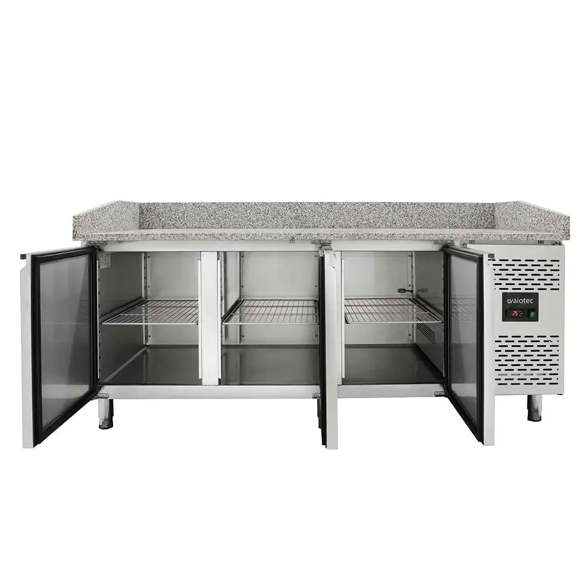 Professioneller Kühlunterbau mit Granitarbeitsplatte und Edelstahlregalen für Gastronomie