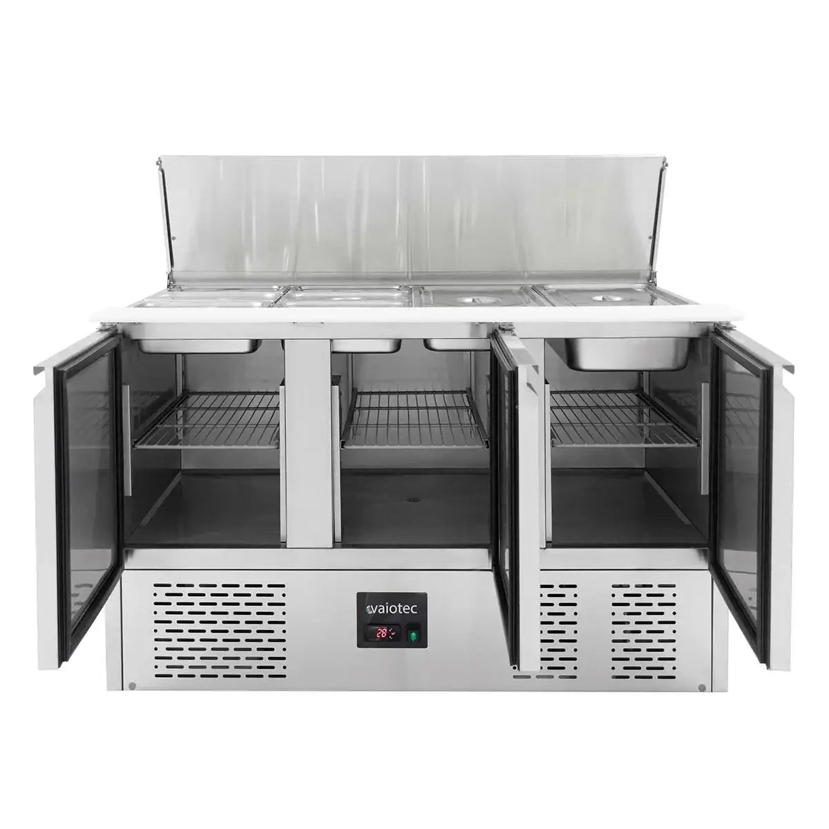 Professioneller Edelstahl-Kühltisch mit offenen Türen und integriertem Display für Gastronomie