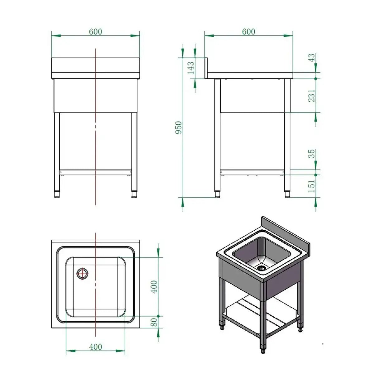 EASYLINE Spültisch 600 / 1 Becken B:600 - Gastro-Bedarf24 GmbH